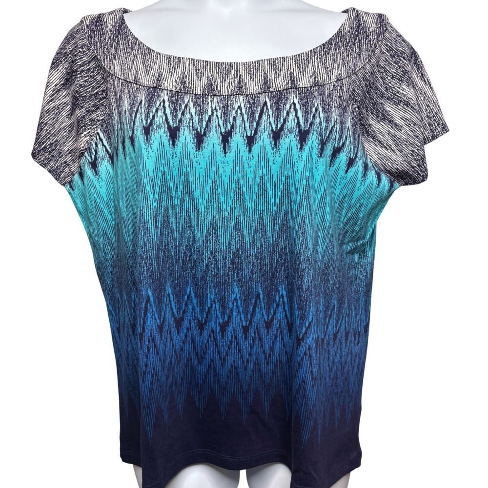 RAFAELLA Woman Blue Chevron Ombre Boat Neck Top 3X Cap Sleeve Casual Chic Relax